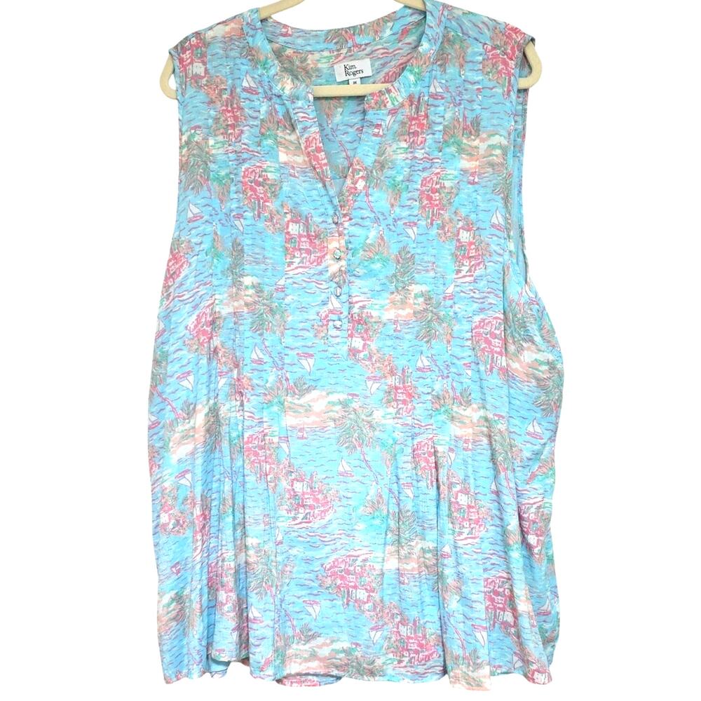 Womens Sz 3X Blue Tropical Coastal Sailboat Resort Feminine Lined Sleeveless Top